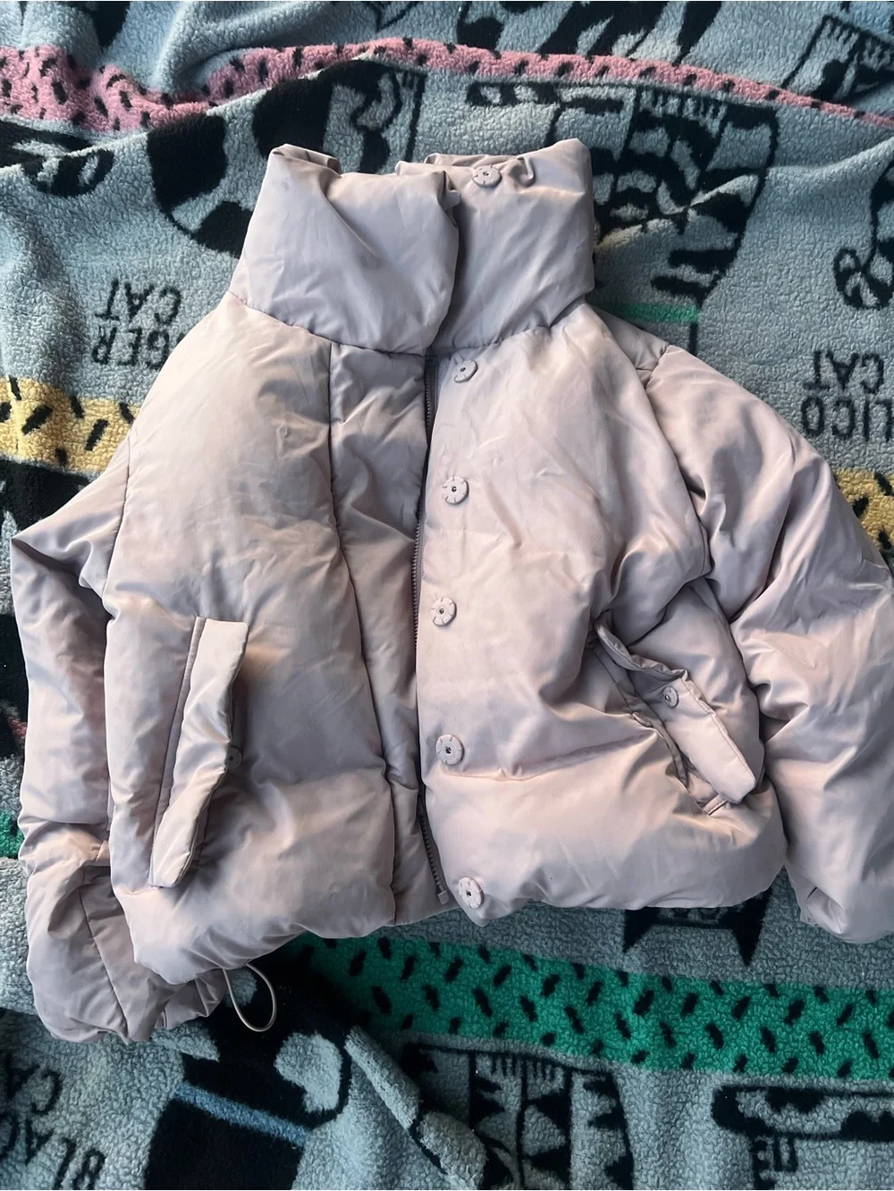 Cropped Quilted Puffer Jacket in Light Mauve